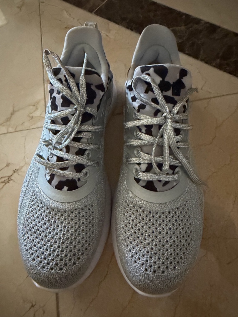 APL Silver Knit Lace-Up Women's Sneakers with Leopard Accent